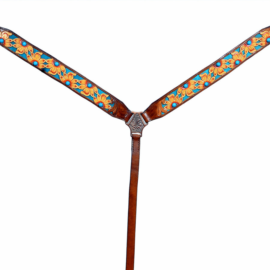 Hilason Western Horse Headstall Breast Collar Leather Floral Tan Turquoise