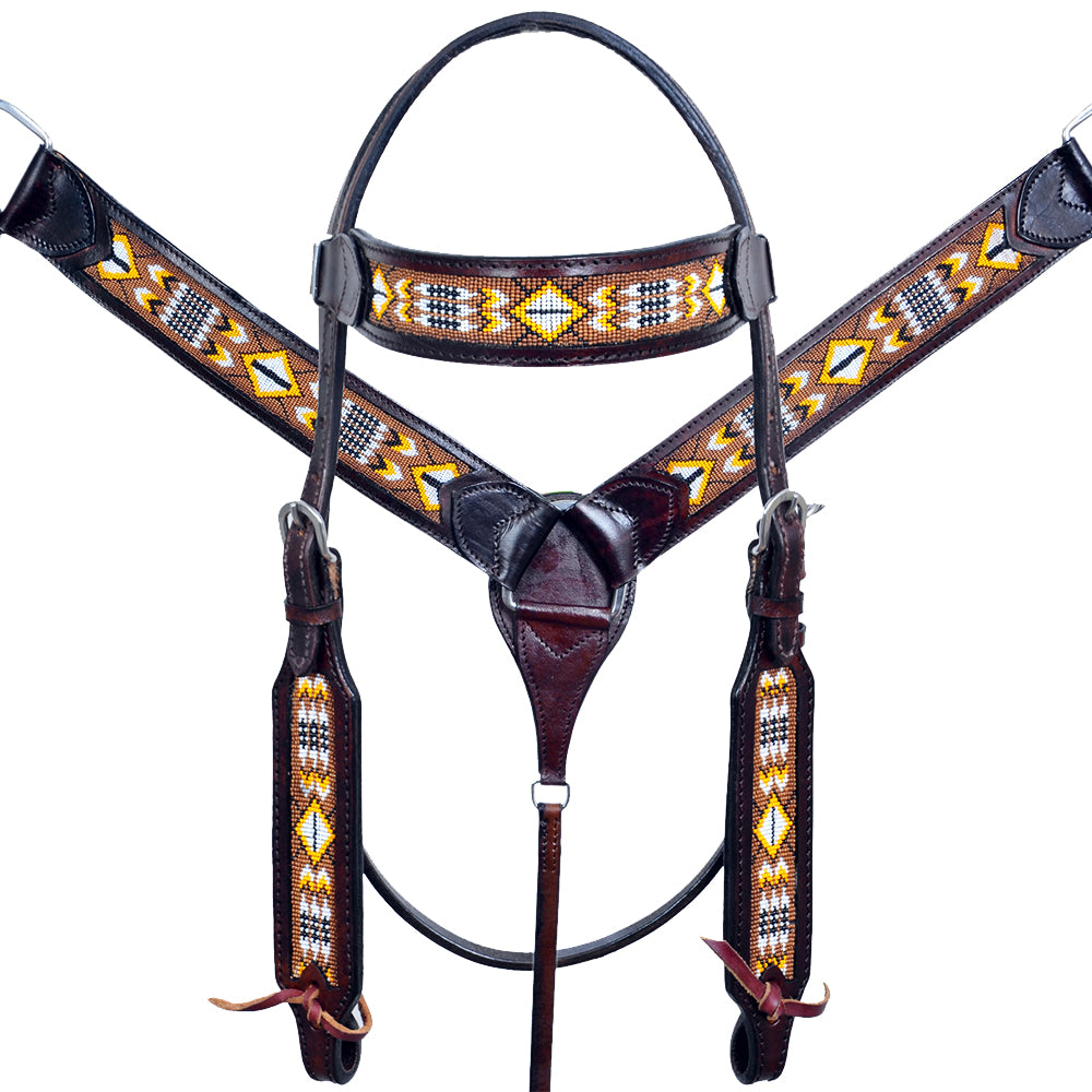 HILASON Western Horse Leather Headstall & Breast Collar Set Black Beaded