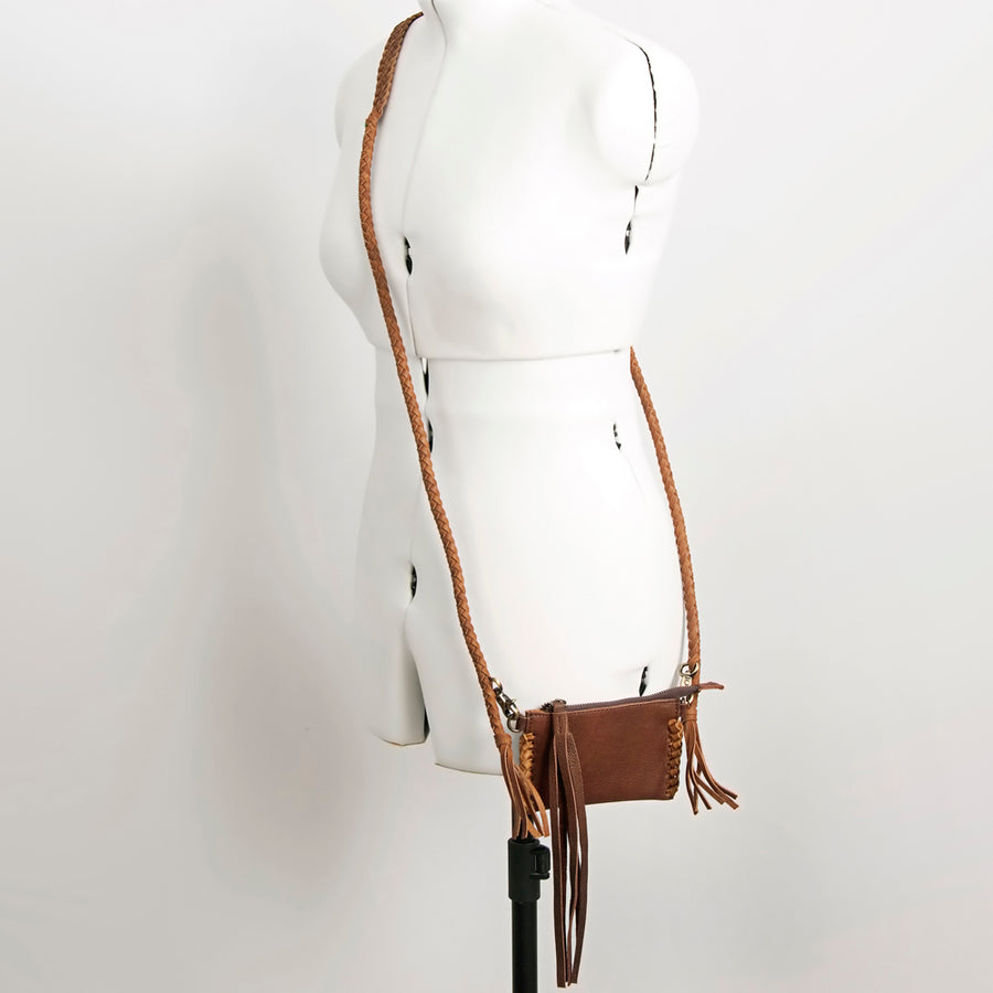 American Darling Small Cross body Bag, Genuine Vegetable-Tanned Leather Handbag with Braided Strap and Fringes, 4in X 6in