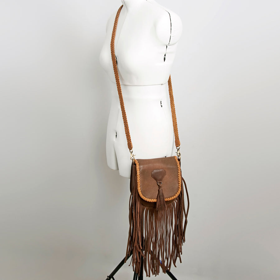 American Darling Cross body Bag, Handcrafted Genuine Leather with Long Fringes and Braided Detail, 7in (H) X 7in (W) X 4in (D)