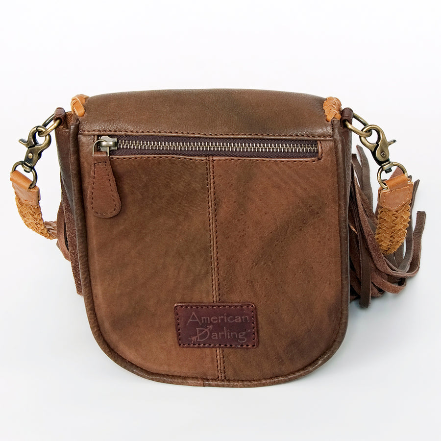 American Darling Cross body Bag, Handcrafted Genuine Leather with Long Fringes and Braided Detail, 7in (H) X 7in (W) X 4in (D)