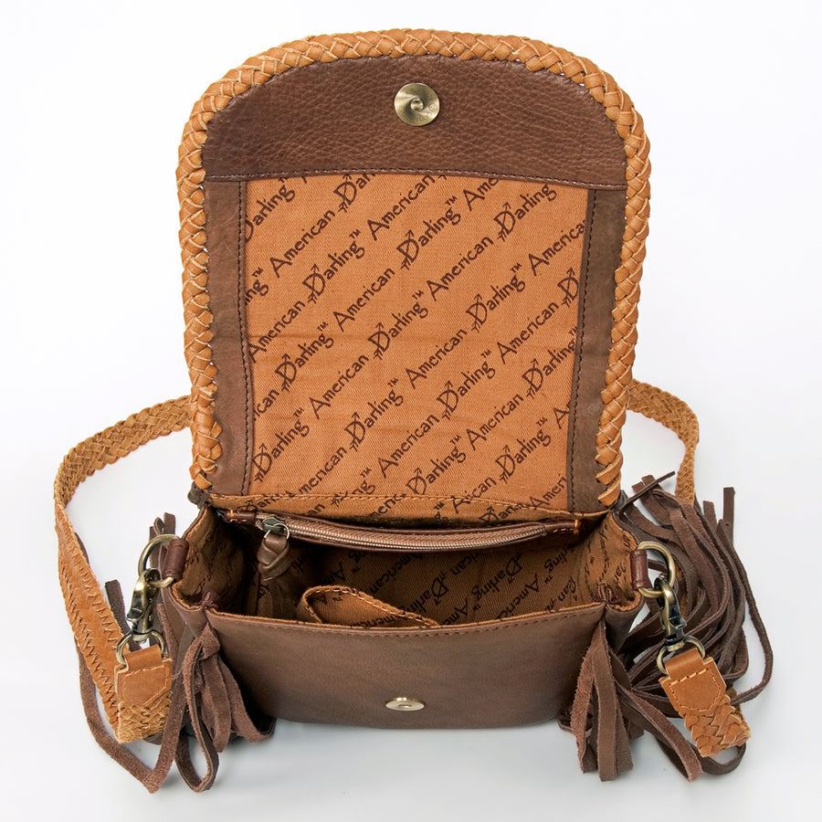 American Darling Cross body Bag, Handcrafted Genuine Leather with Long Fringes and Braided Detail, 7in (H) X 7in (W) X 4in (D)
