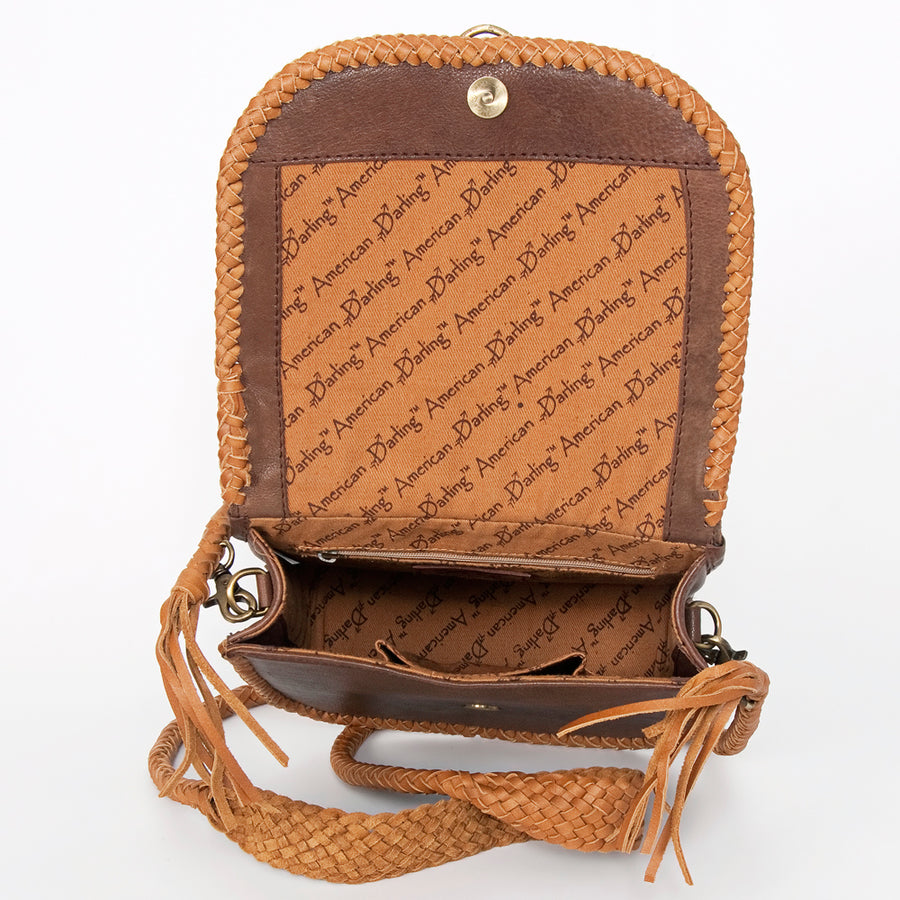 American Darling Cross body Bag, Handcrafted Genuine Leather with Braided Detail and Fringes, 9in (H) X 9in (W) X 4in (D)