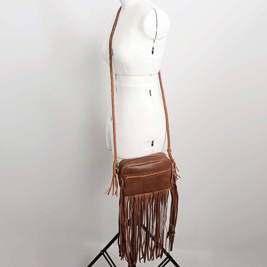 American Darling Small Cross body Bag, Handcrafted Genuine Leather Western Handbag with Fringes & Braided Strap, 9in X 6in