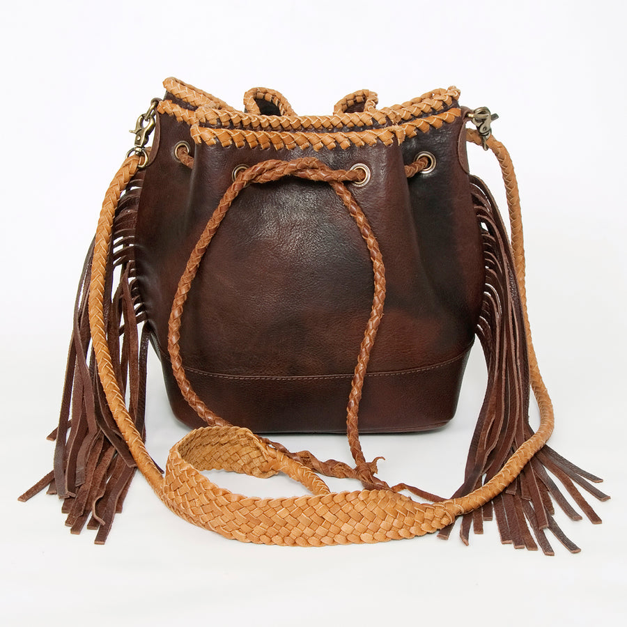 American Darling Bucket bag, Handcrafted Genuine Leather Western Purse with Fringes & Braided Strap, 10in X 9in X 7in