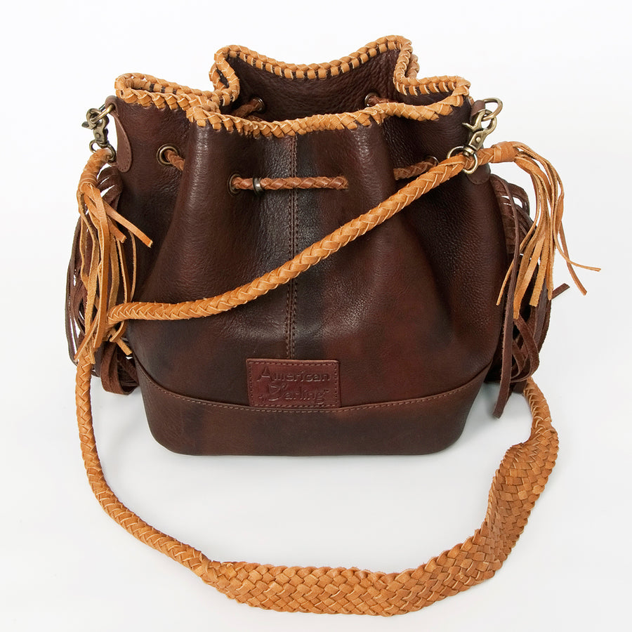 American Darling Bucket bag, Handcrafted Genuine Leather Western Purse with Fringes & Braided Strap, 10in X 9in X 7in
