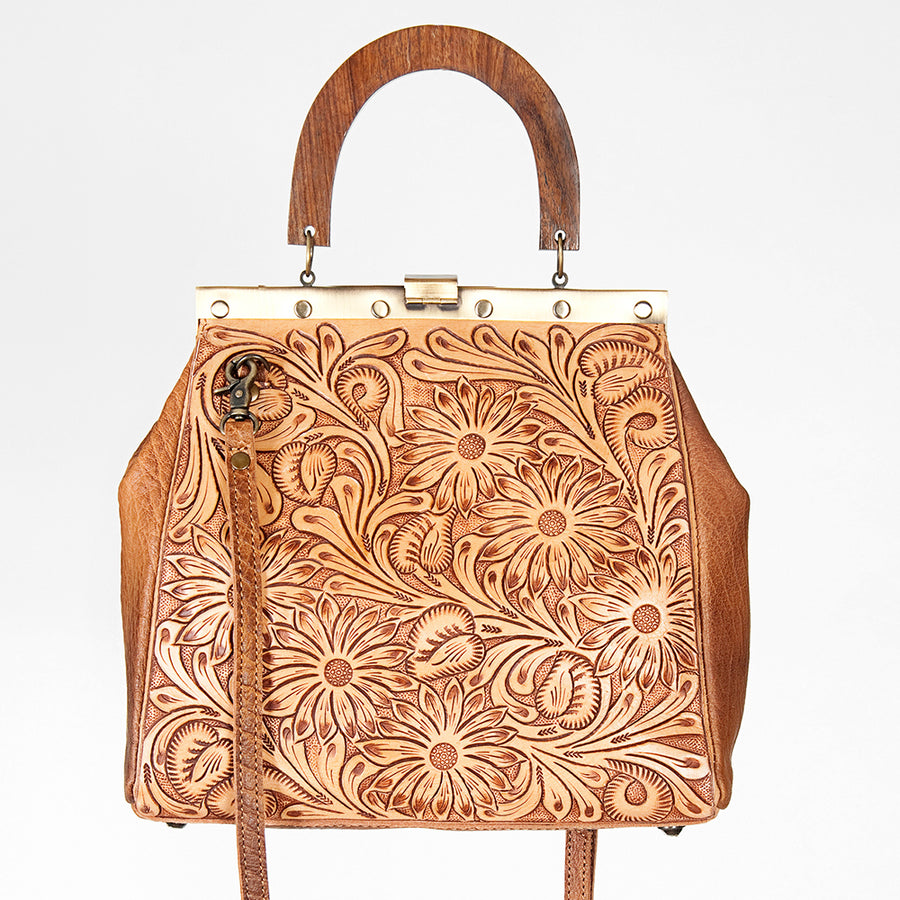 American Darling Vintage-Inspired Tooled Leather HandBag with Wooden Handle
