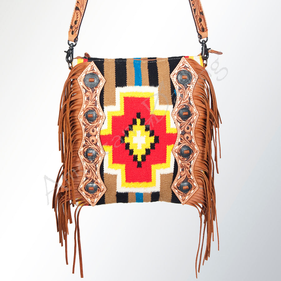 American Darling Large Cross body Bag Hand Tooled Saddle Blanket Genuine Leather Western Purse with Fringes & YKK Zipper
