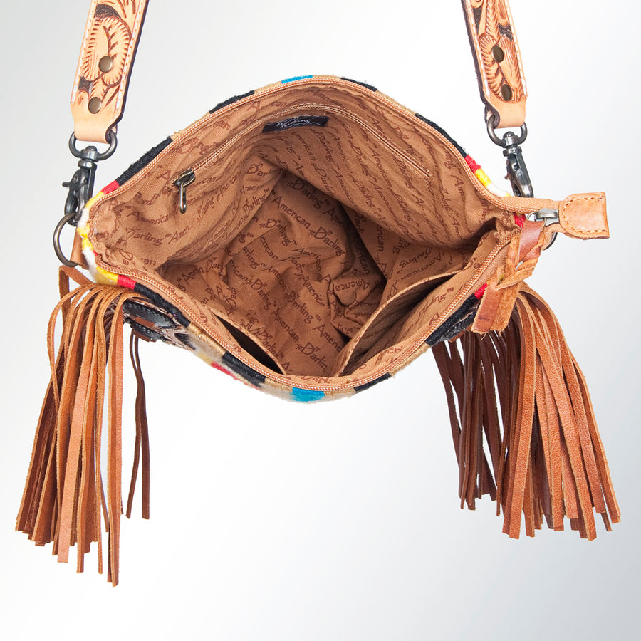 American Darling Large Cross body Bag Hand Tooled Saddle Blanket Genuine Leather Western Purse with Fringes & YKK Zipper