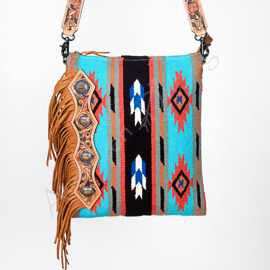 American Darling Large Cross body Bag Hand Tooled Saddle Blanket Genuine Leather Western Purse with Fringes & YKK Zipper
