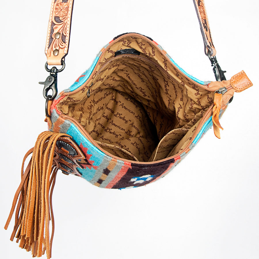 American Darling Large Cross body Bag Hand Tooled Saddle Blanket Genuine Leather Western Purse with Fringes & YKK Zipper