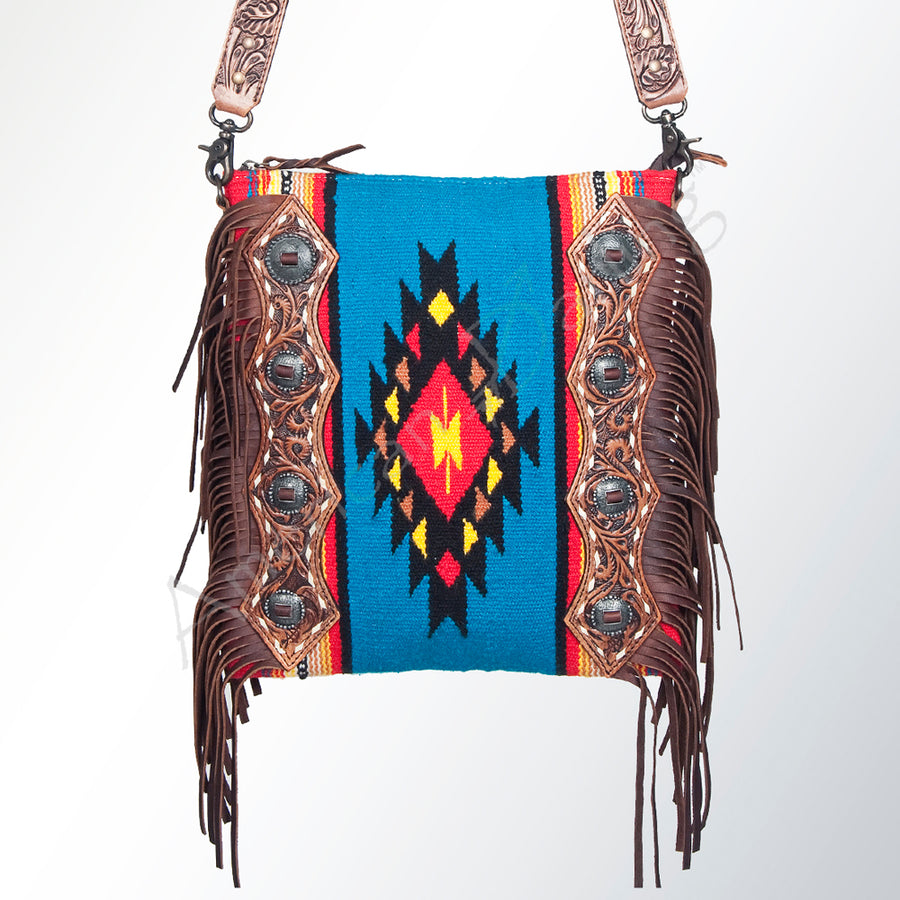 American Darling Large Cross body Bag Hand Tooled Saddle Blanket Genuine Leather Western Purse with Fringes & YKK Zipper