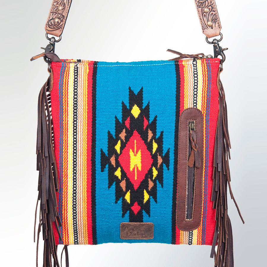 American Darling Large Cross body Bag Hand Tooled Saddle Blanket Genuine Leather Western Purse with Fringes & YKK Zipper