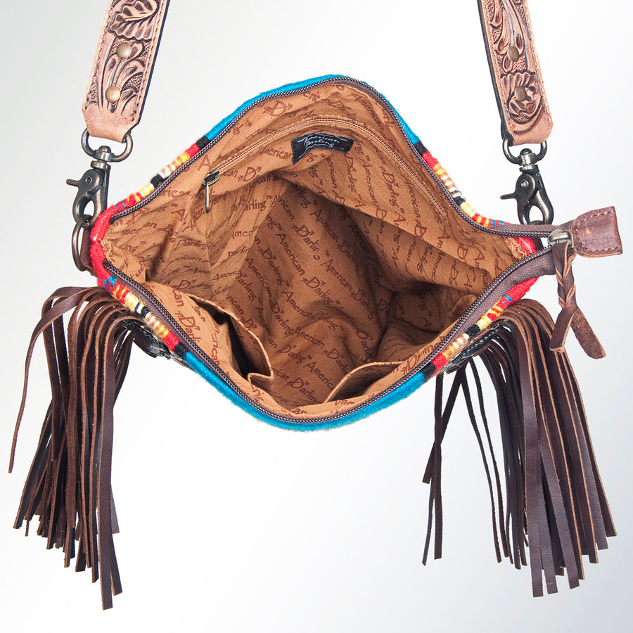 American Darling Large Cross body Bag Hand Tooled Saddle Blanket Genuine Leather Western Purse with Fringes & YKK Zipper