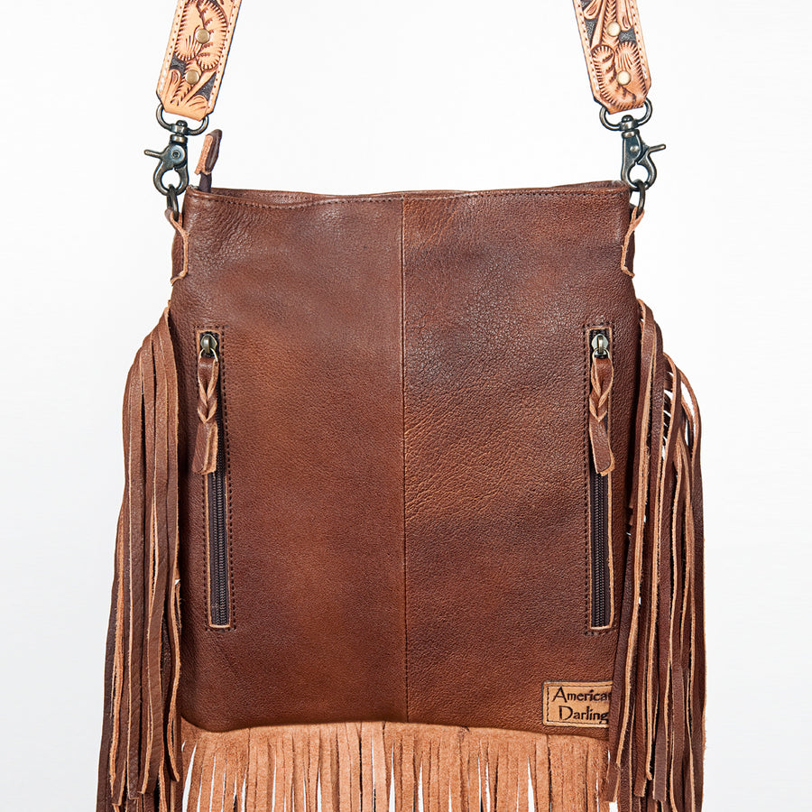 American Darling Large Cross body Bag Hand Tooled Genuine Leather Western Purse with Fringes & YKK Zipper