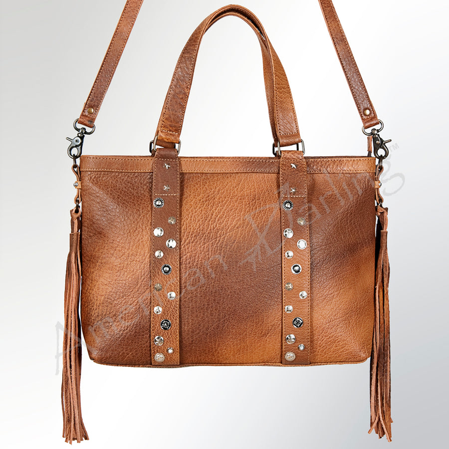 American Darling Tote Bag Rivetted Genuine Leather Western Shoulder Purse with Fringes and YKK Zipper