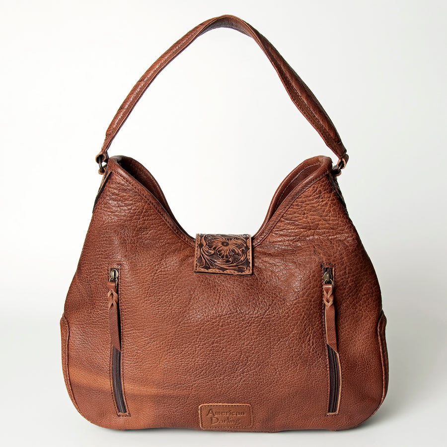 American Darling Hobo Bag Hand Tooled Floral Carved Cowhide Genuine Leather Western Purse with Turquoise Concho & YKK Zipper