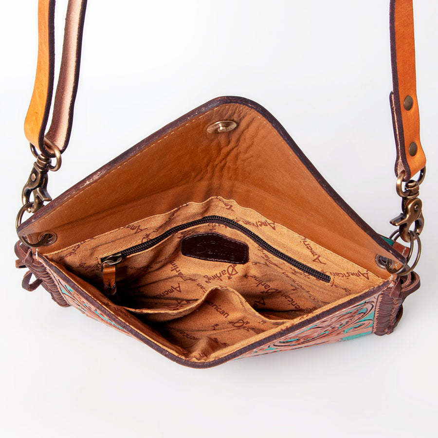American Darling Women's Hand Tooled Floral Carved Leather Envelope with Fringes and Eco-Friendly Full Grain Leather