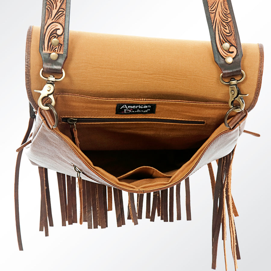 American Darling Women's Hand Tooled Floral Carved Leather Messenger with Fringes, Buck Stitching, and Eco-Friendly Full Grain Leather