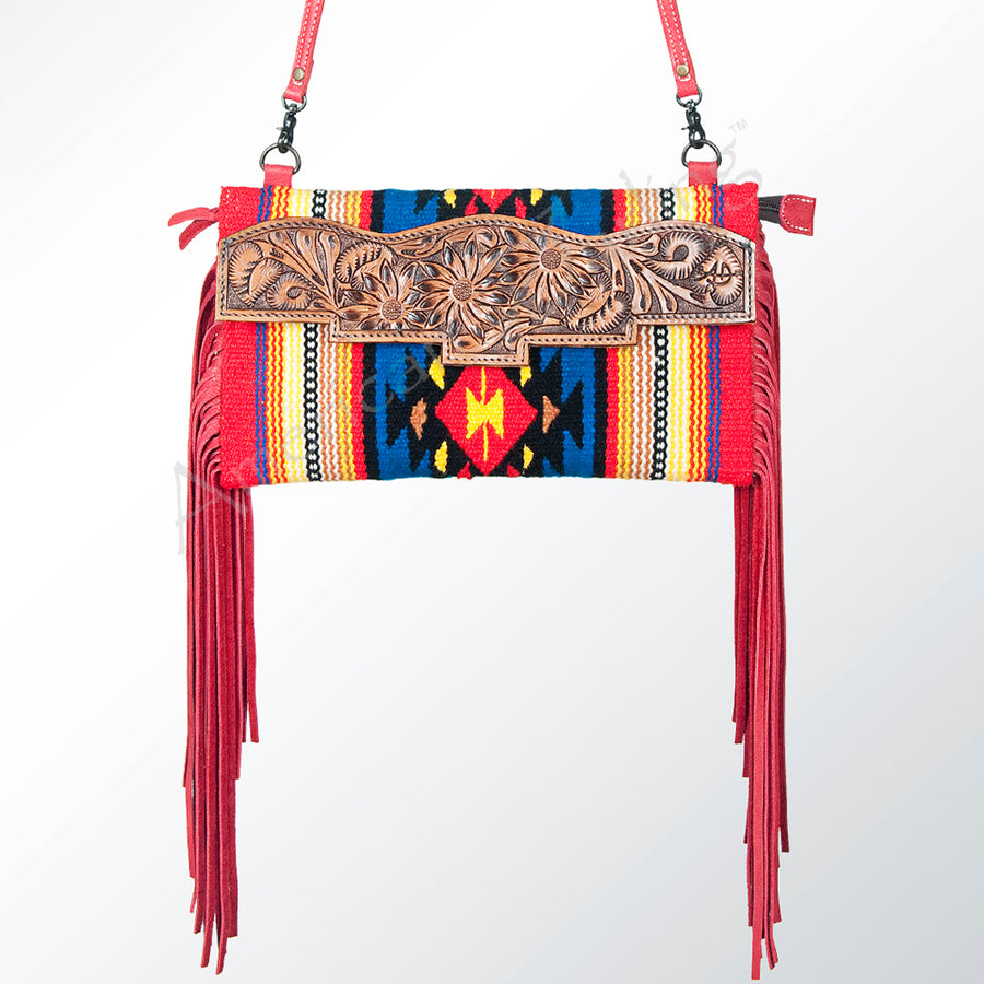 American Darling Small Cross body Bag Hand Tooled Floral Carved Saddle Blanket Genuine Leather Western Purse with Fringes