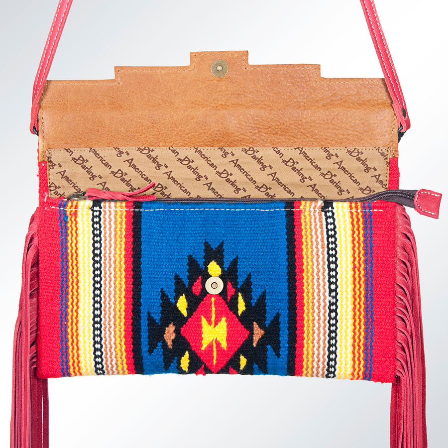 American Darling Small Cross body Bag Hand Tooled Floral Carved Saddle Blanket Genuine Leather Western Purse with Fringes