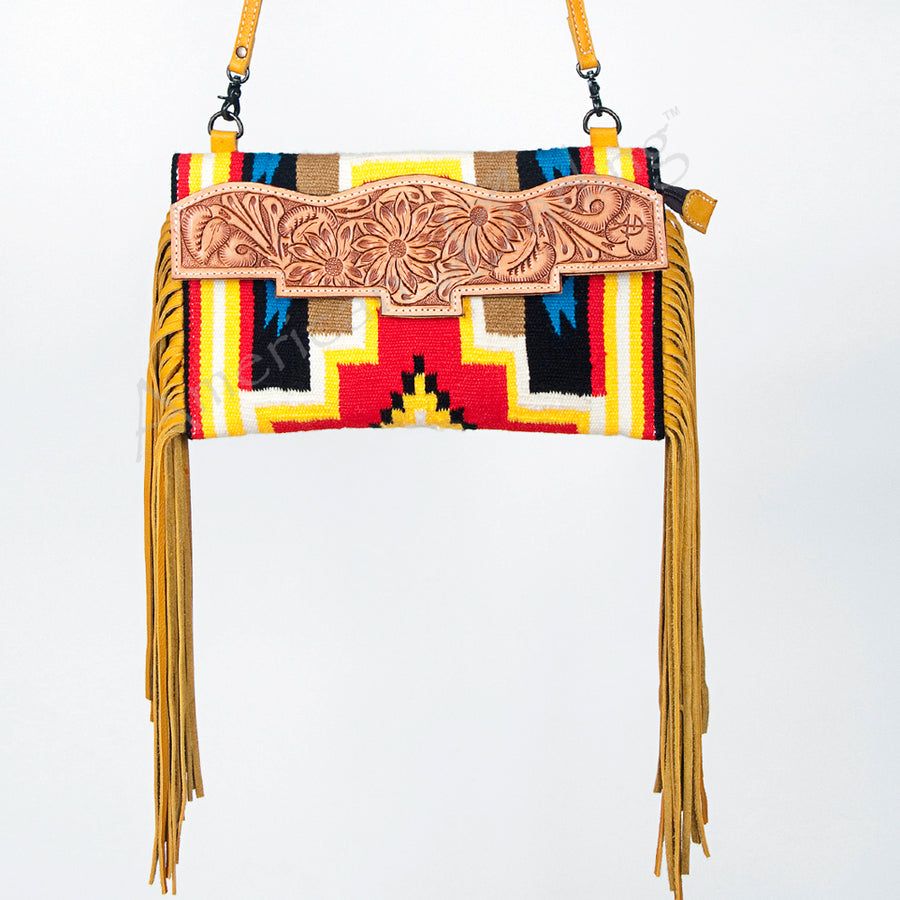 American Darling Small Cross body Bag Hand Tooled Floral Carved Saddle Blanket Genuine Leather Western Purse with Fringes