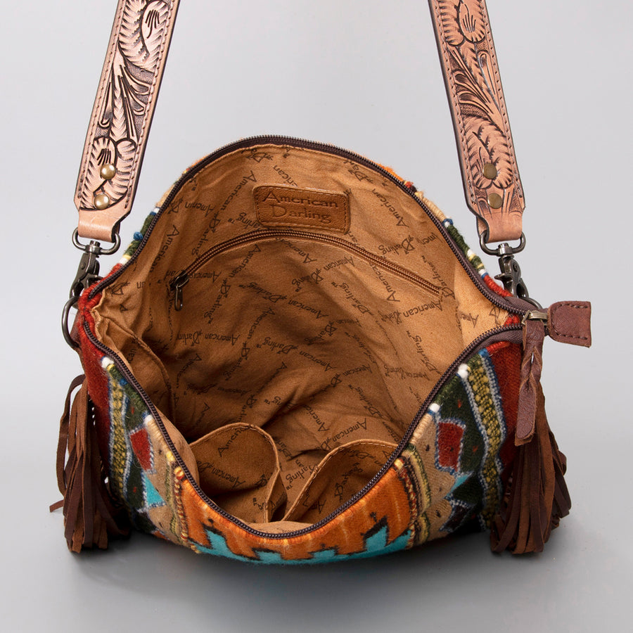 American Darling Signature Cross Body Bag Hand Tooled Floral Carved Leather Woven Saddle Blanket Fringes Genuine Leather