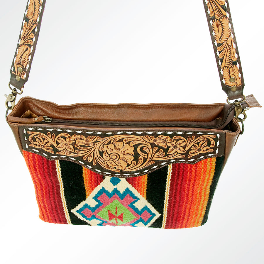 American Darling Women's Hand Tooled Floral Carved Leather Cross body Bag with Hand Woven Saddle Blanket and Buck Stitching