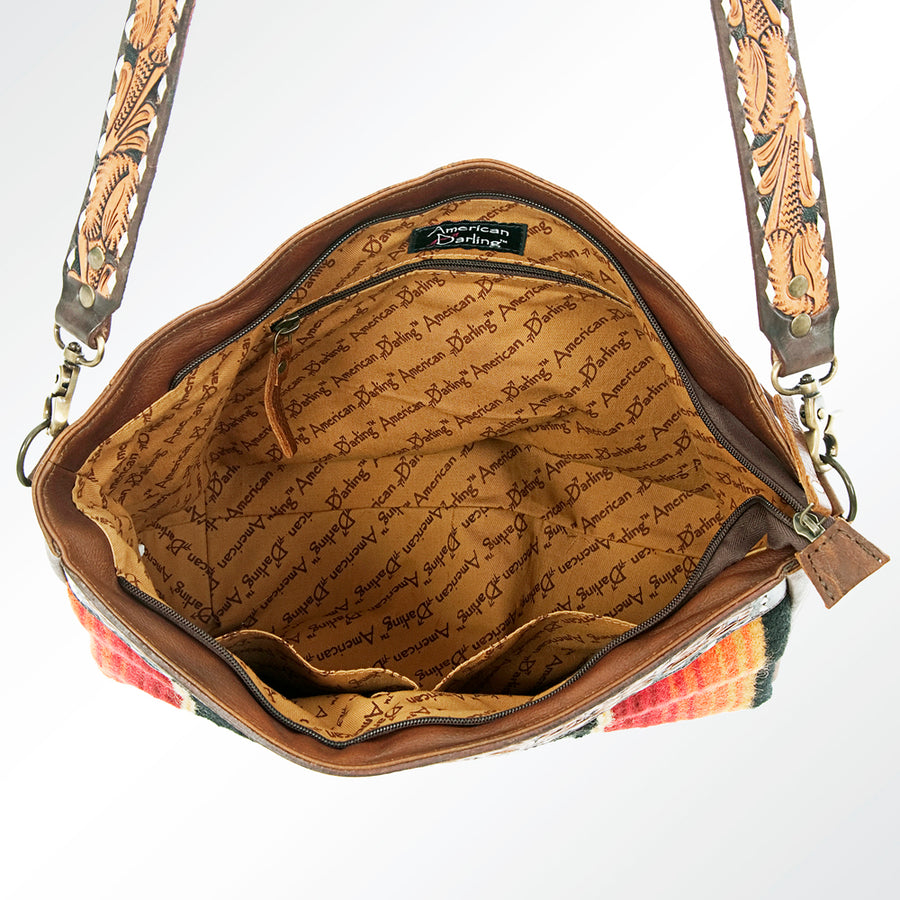 American Darling Women's Hand Tooled Floral Carved Leather Cross body Bag with Hand Woven Saddle Blanket and Buck Stitching