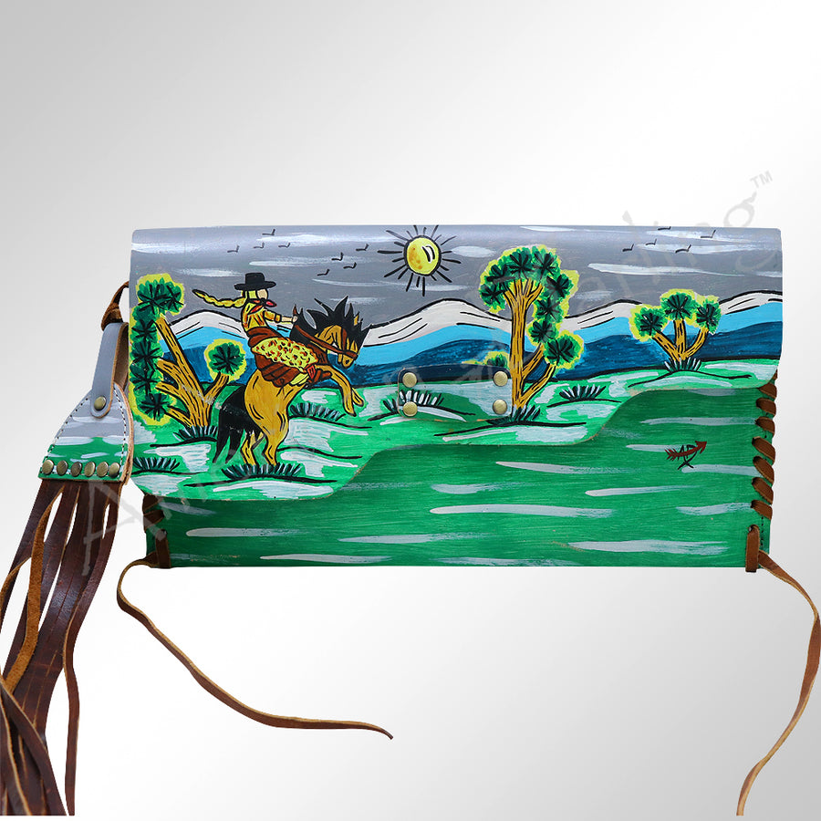 American Darling Envelope Bag - Hand-Painted Vegetable-Tanned Genuine Leather Western Clutch with Fringes - 6.5in x 12in