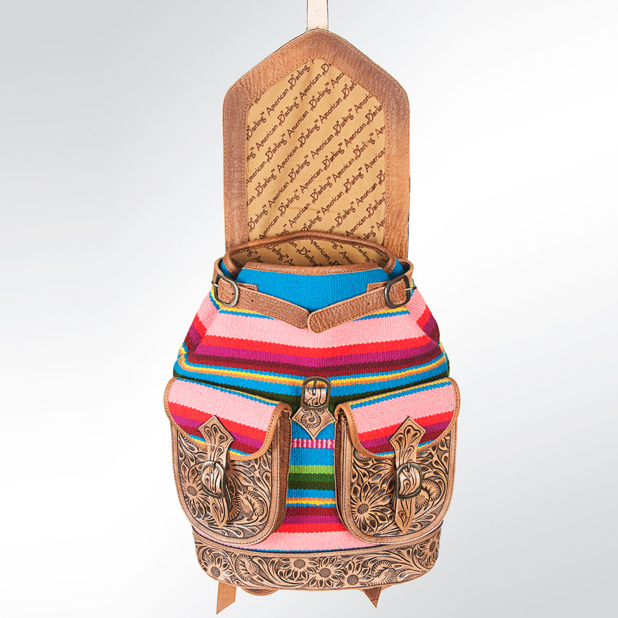 American Darling Backpack Bag Western Hand Tooled Floral Genuine Leather with Hair-On Cowhide & YKK Zipper for Women