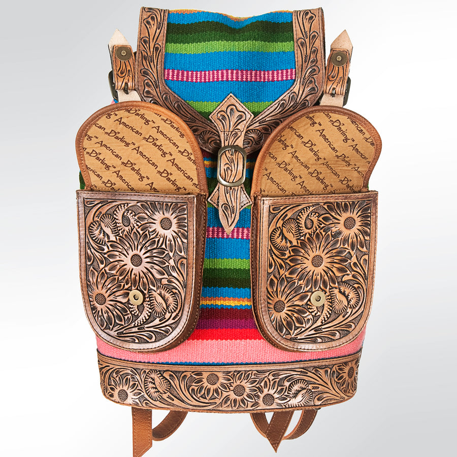 American Darling Backpack Bag Western Hand Tooled Floral Genuine Leather with Hair-On Cowhide & YKK Zipper for Women