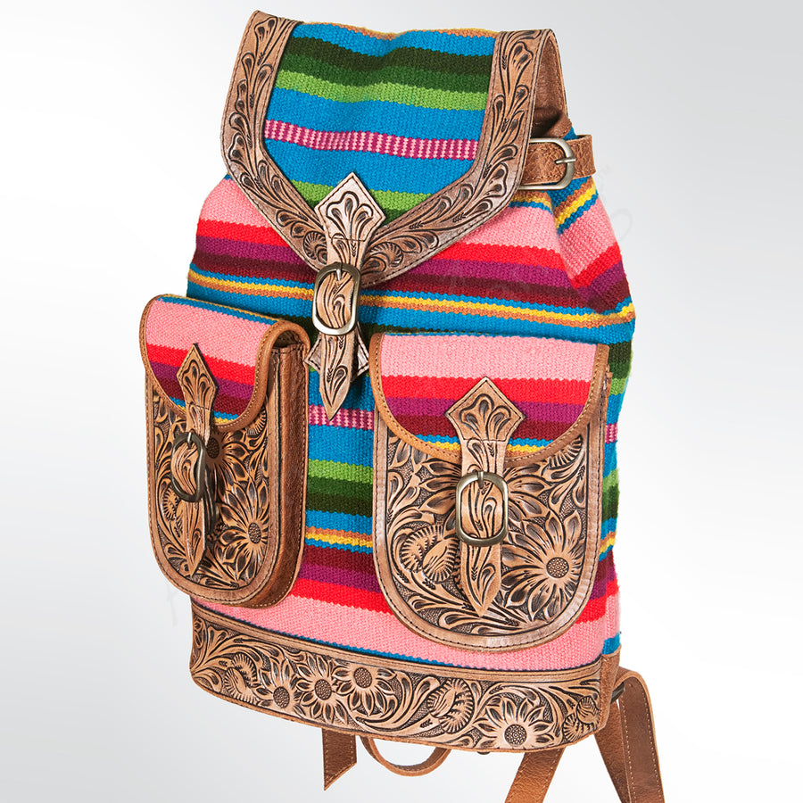 American Darling Handcrafted Floral Tooled Leather and Saddle Blanket Backpack Bag - Uhorse