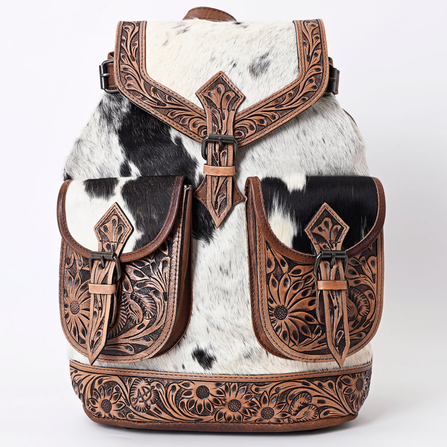 American Darling Backpack Bag Western Hand Tooled Floral Genuine Leather with Hair-On Cowhide & YKK Zipper for Women