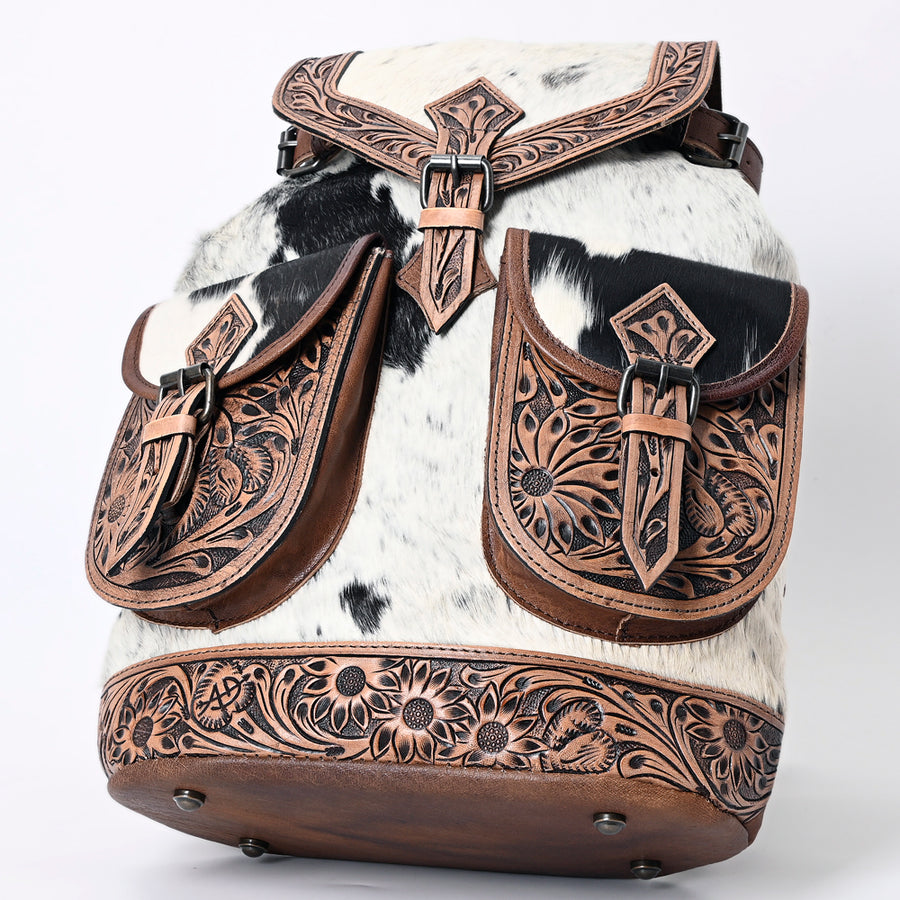 American Darling Backpack Bag Western Hand Tooled Floral Genuine Leather with Hair-On Cowhide & YKK Zipper for Women