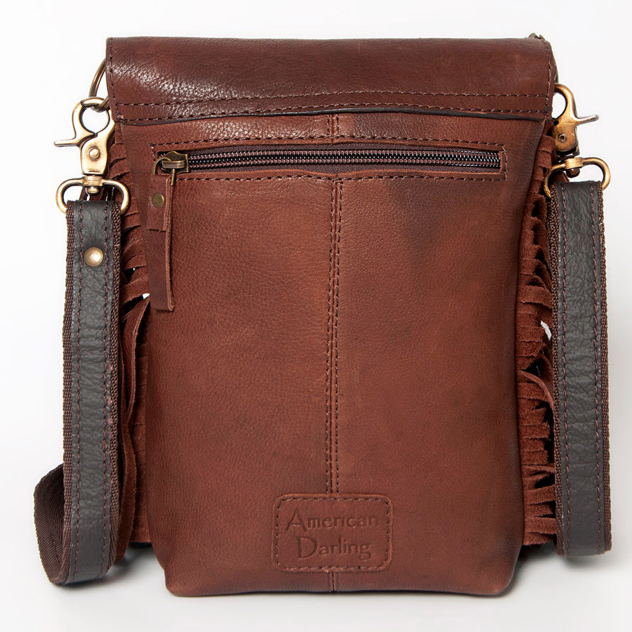 American Darling Messenger Bag Hand Tooled Leather with Fringes and Turquoise Stone Genuine Vegetable Tanned Leather 11in x 9in