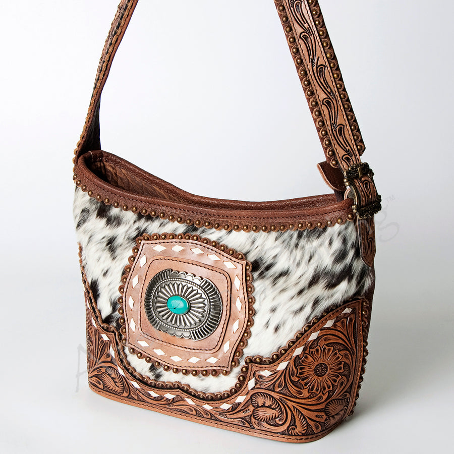 American Darling Handcrafted Hand Tooled Leather Hobo Bag with Hair-On Cowhide - Uhorse