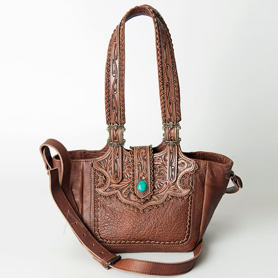 American Darling Tote Bag Western Hand Tooled Floral Genuine Leather Purse with Turquoise Concho & Rivetted Detail for Women