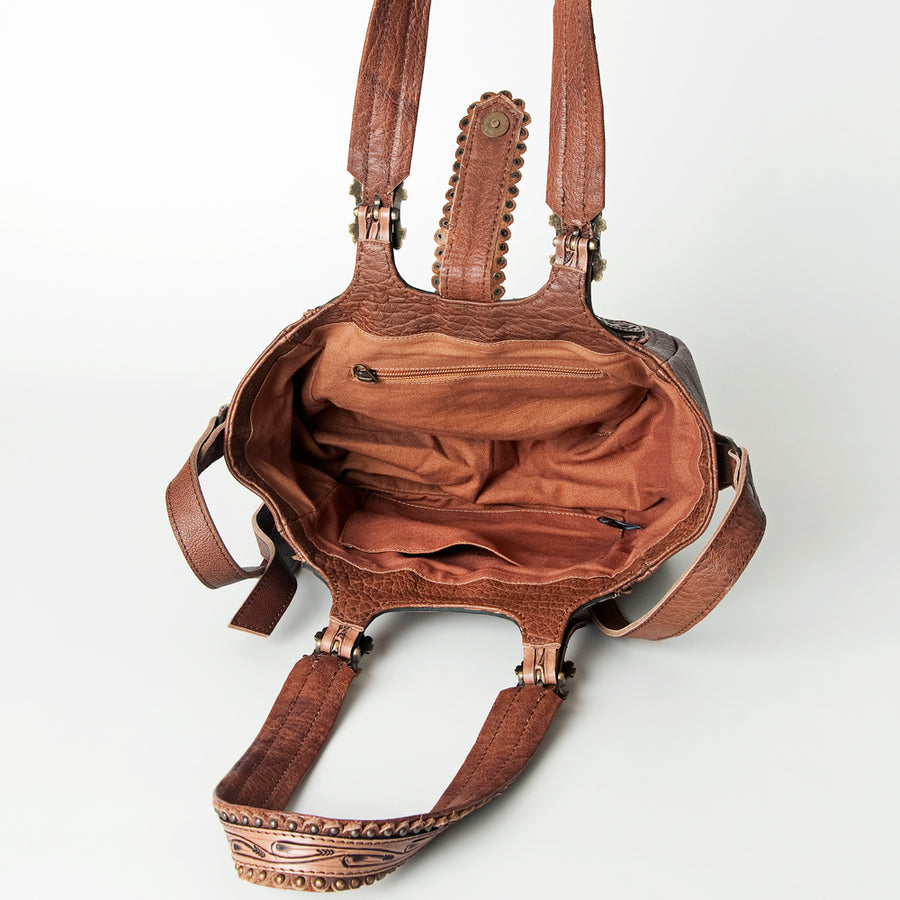 American Darling Tote Bag Western Hand Tooled Floral Genuine Leather Purse with Turquoise Concho & Rivetted Detail for Women
