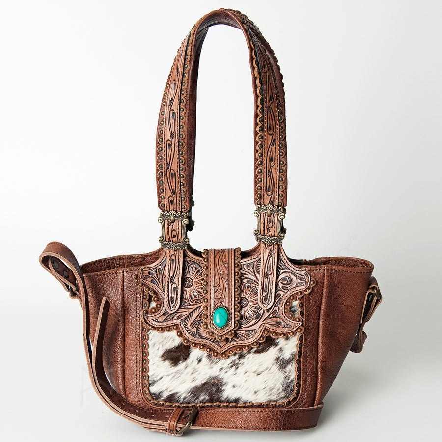 American Darling Tote Bag Western Hand Tooled Floral Genuine Leather Purse with Turquoise Concho & Rivetted Detail for Women
