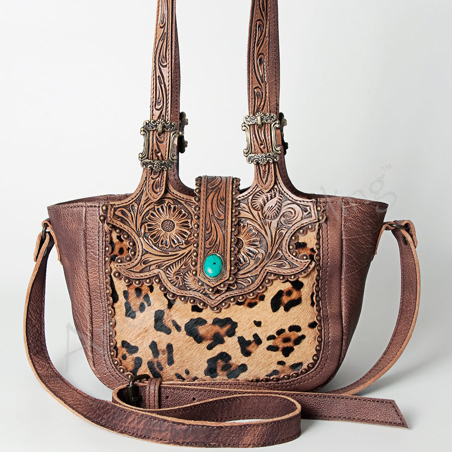 American Darling Tote Bag Western Hand Tooled Floral Genuine Leather Purse with Turquoise Concho & Rivetted Detail for Women