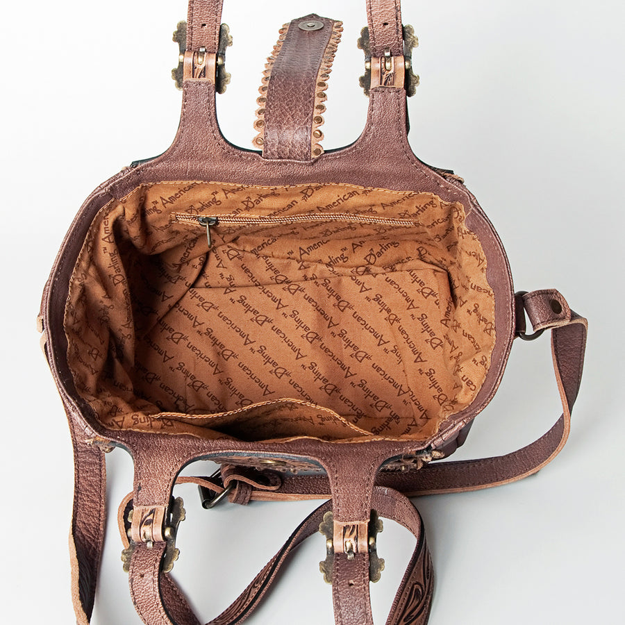 American Darling Tote Bag Western Hand Tooled Floral Genuine Leather Purse with Turquoise Concho & Rivetted Detail for Women
