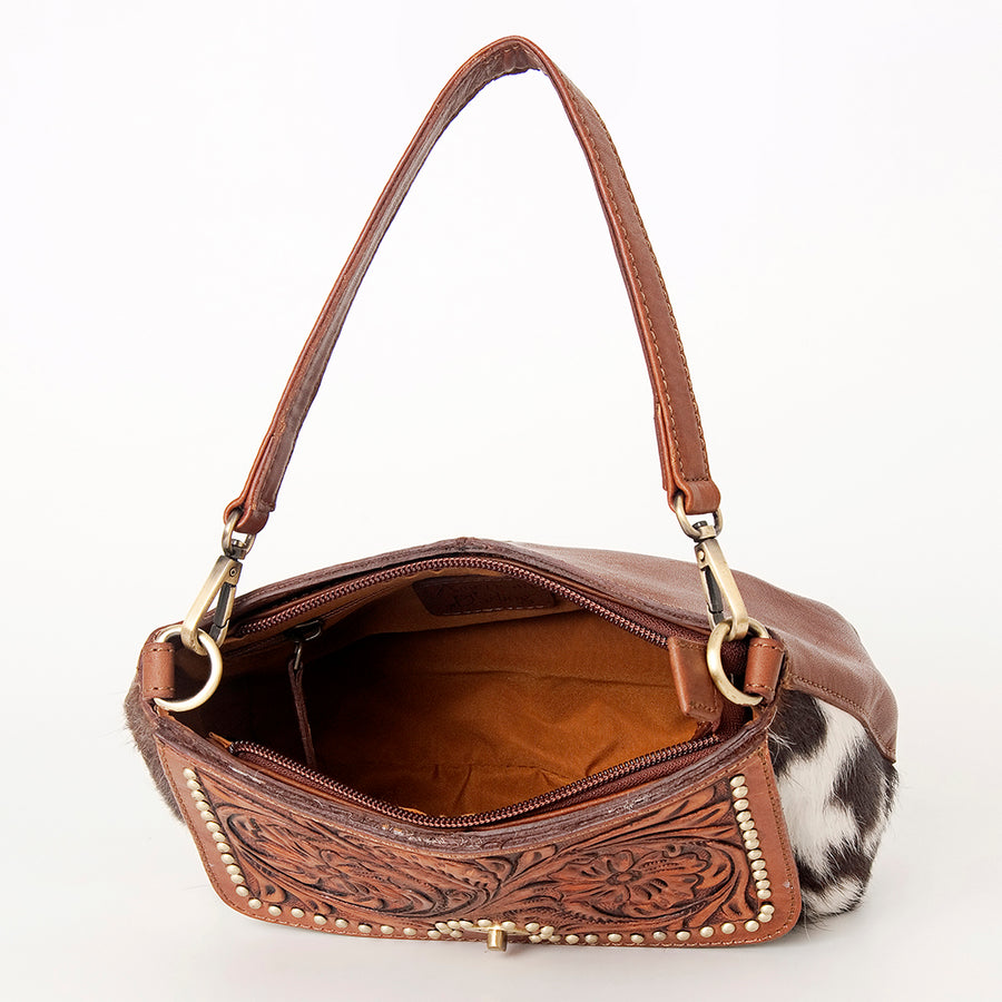 American Darling Hobo Bag, Hand-Tooled Floral Western Leather Purse with Hair-On Cowhide, 8.5in (H) X 12.5in (W)
