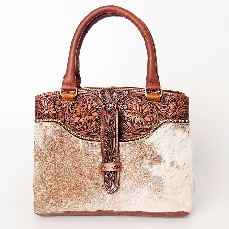American Darling Tote Bag, Hand-Tooled Floral Western Leather Purse, Hair-On Cowhide Pattern, 9.25in (H) X 15.5in (W) X 5in (D)