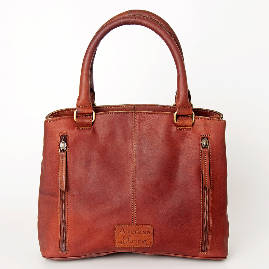 American Darling Tote Bag, Hand-Tooled Floral Western Leather Purse, Hair-On Cowhide Pattern, 9.25in (H) X 15.5in (W) X 5in (D)