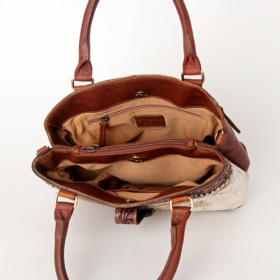 American Darling Tote Bag, Hand-Tooled Floral Western Leather Purse, Hair-On Cowhide Pattern, 9.25in (H) X 15.5in (W) X 5in (D)