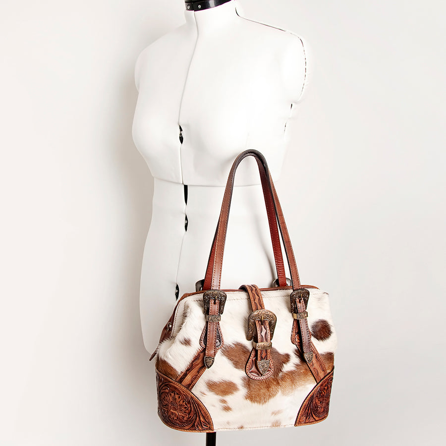 American Darling Tote Bag, Hand-Tooled Floral Western Leather Purse, Hair-On Cowhide Pattern, 10in (H) X 15in (W) X 5.5in (D)