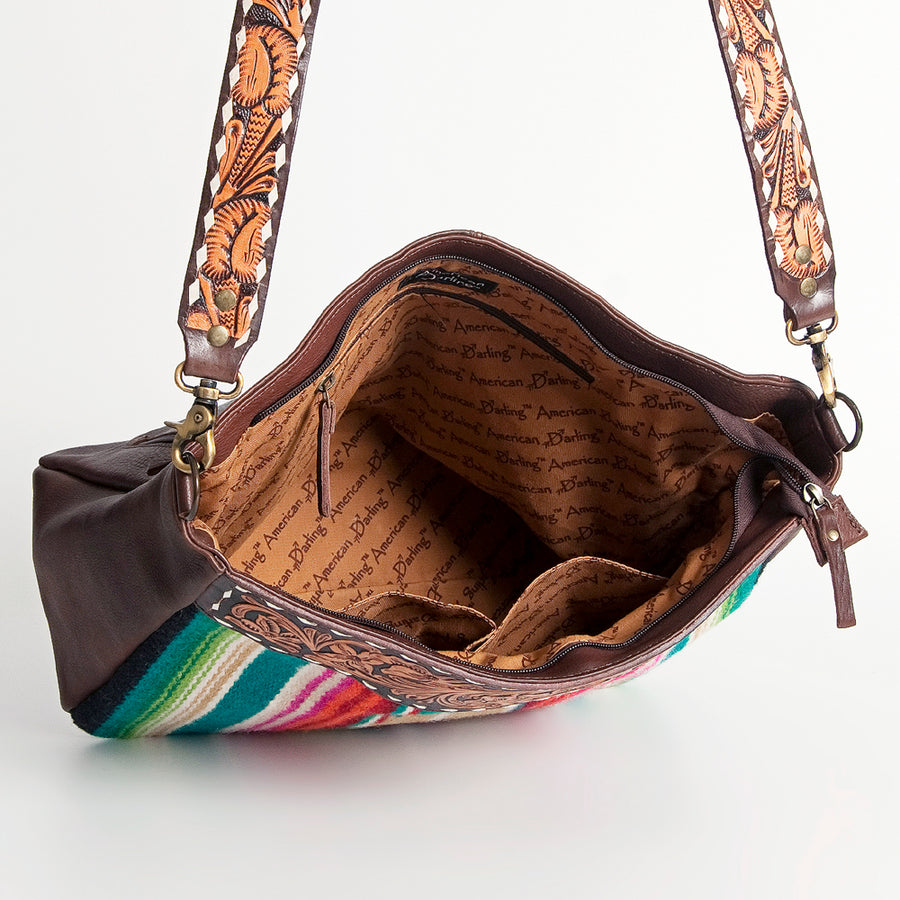 American Darling Women's Hand Tooled Floral Carved Leather Cross body Bag with Hand Woven Saddle Blanket and Buck Stitching