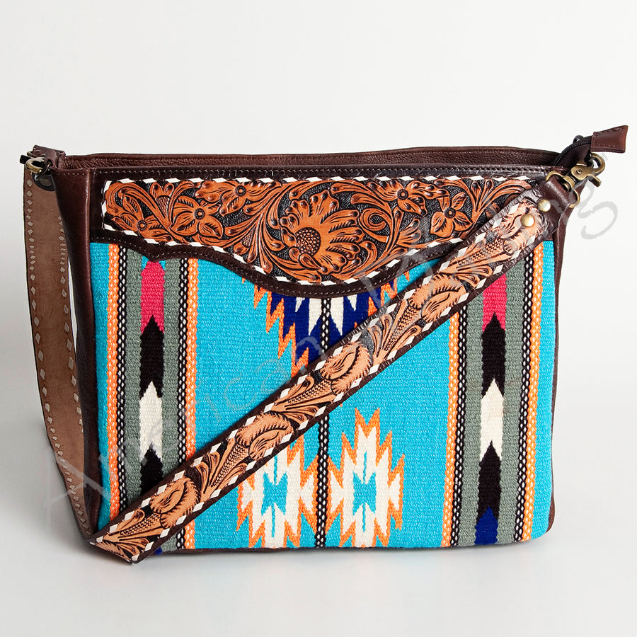 American Darling Women's Hand Tooled Floral Carved Leather Large Cross body Bag with Hand Woven Saddle Blanket and Buck Stitching