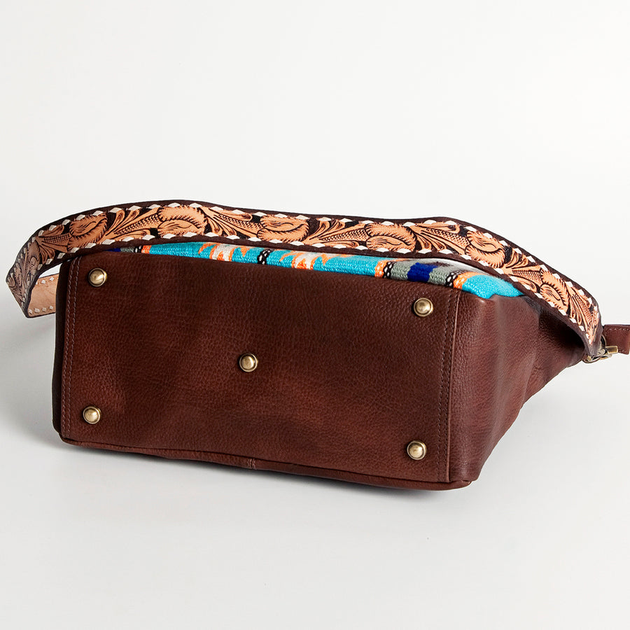 American Darling Women's Hand Tooled Floral Carved Leather Large Cross body Bag with Hand Woven Saddle Blanket and Buck Stitching